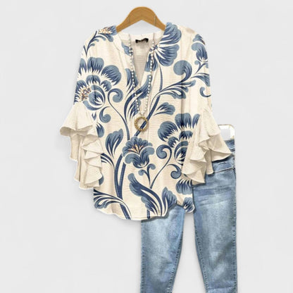 Effortless Floral Blouse for Women with V Neck Bell Sleeve Ruffle Flowing Bohemian Style