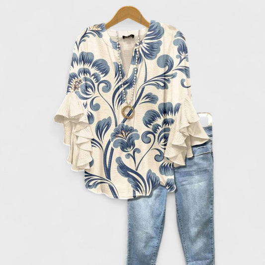 Effortless Floral Blouse for Women with V Neck Bell Sleeve Ruffle Flowing Bohemian Style