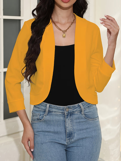 Effortless Open Front Cropped Jacket for Women with Elbow Sleeve Ribbed Cuff Relaxed Layering Style