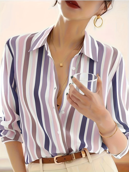Effortless Striped Chiffon Blouse for Women with Collar Long Sleeve Button Front Relaxed Silky Style