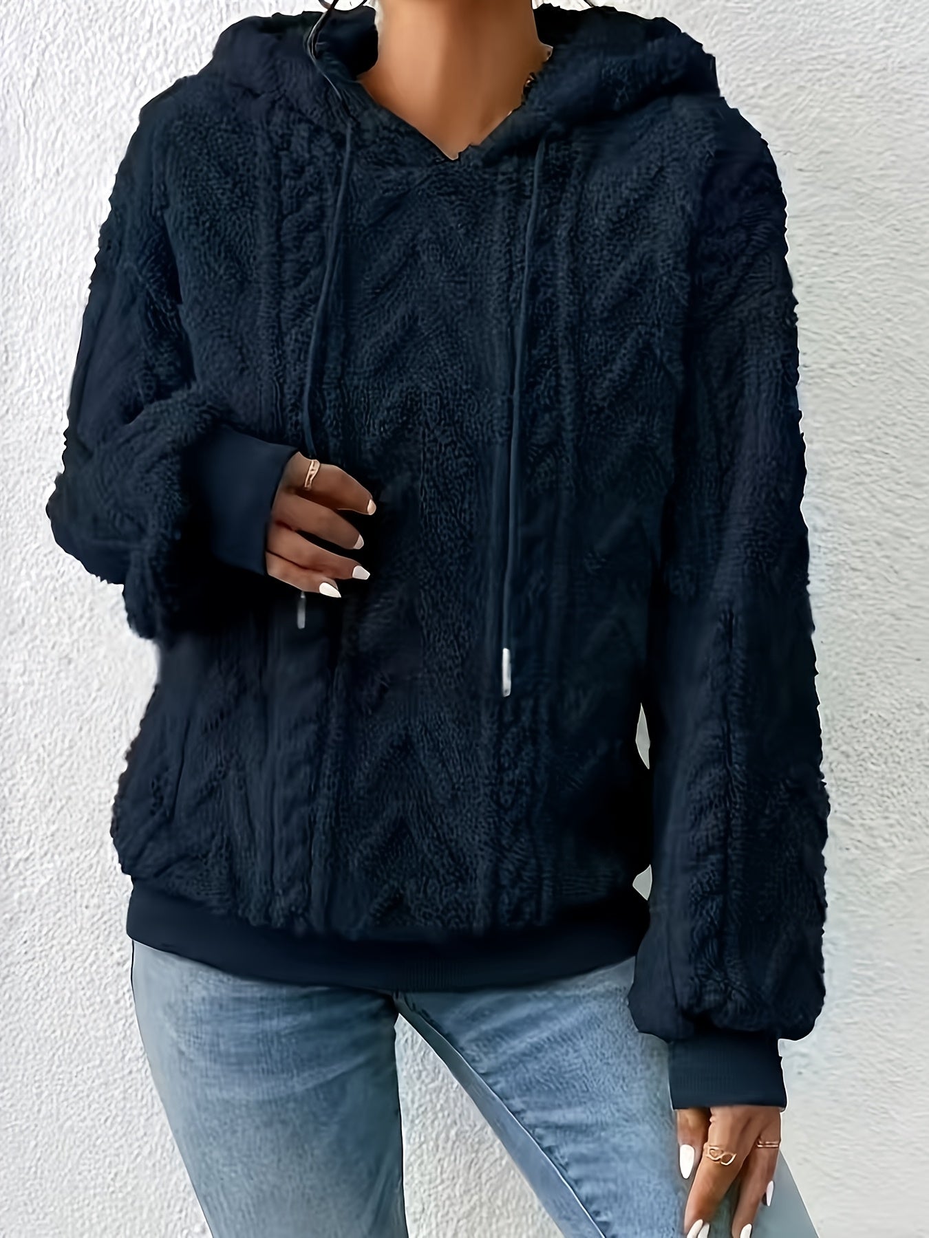 Comfortable Cable Knit Fleece Hoodie for Women with Drawstring Hood Long Sleeve Oversized Cozy Style