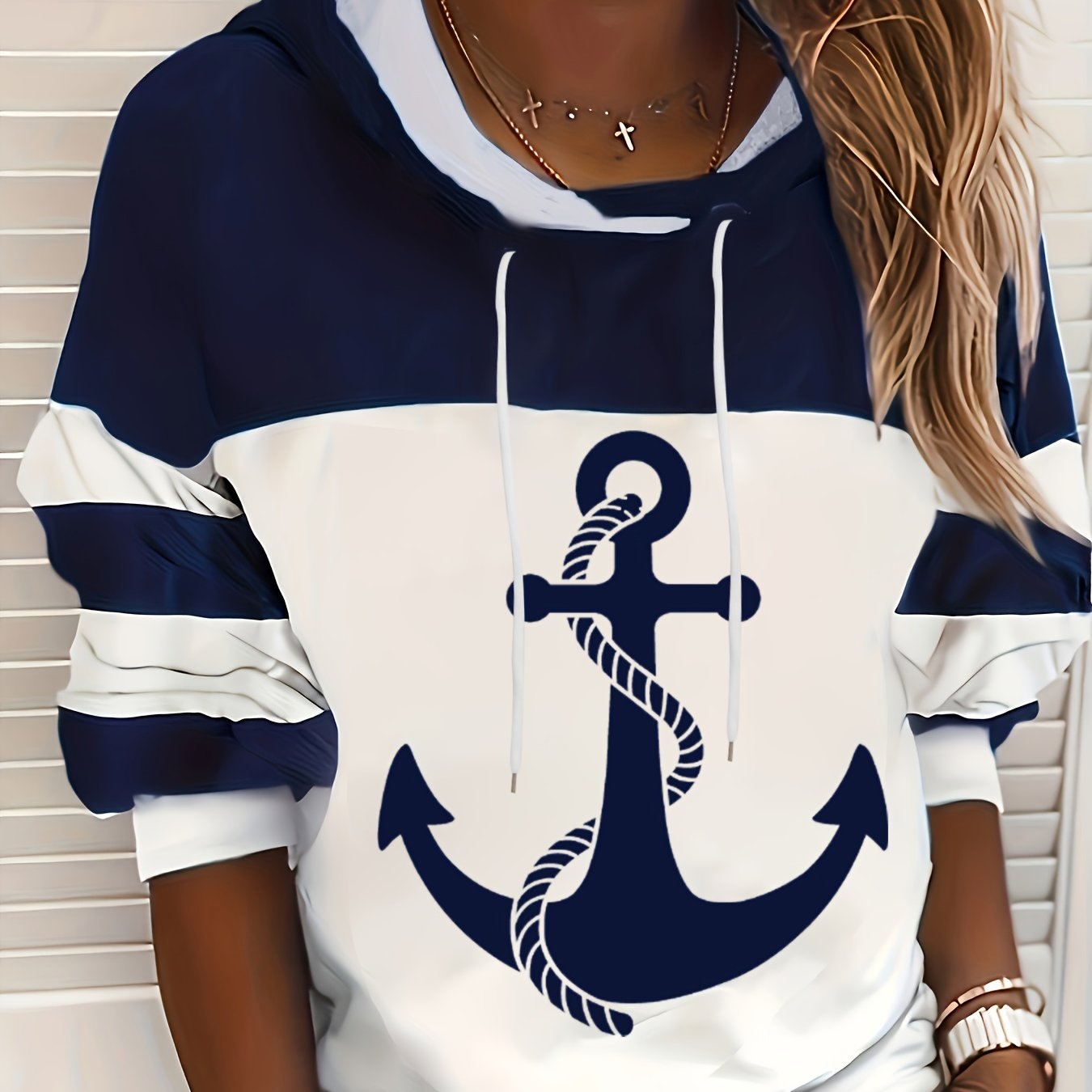 Plus Size - Women'S Navy Blue & White Striped Hoodie with Anchor Print - Casual Round Neck Jogger Sweatshirt, Comfortable Loose Fit for Spring & Fall, Pullover|Striped Pattern Top|Comfortable Fit
