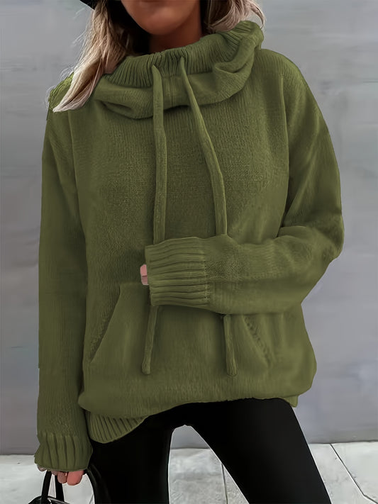 Comfortable Knit Sweater for Women with Cowl Neck Long Sleeve Drawstring Oversized Style