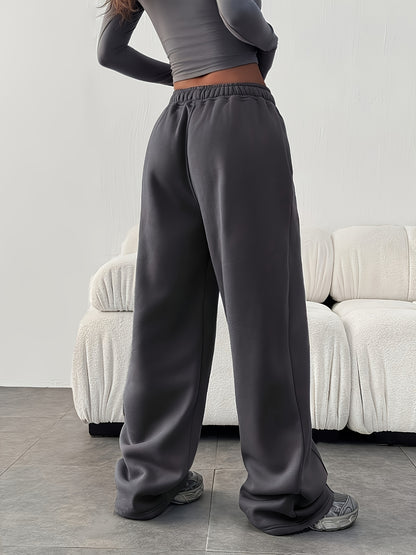 Effortless Fleece Wide Leg Sweatpants for Women with High Waist Elastic Side Pocket Relaxed Casual Style