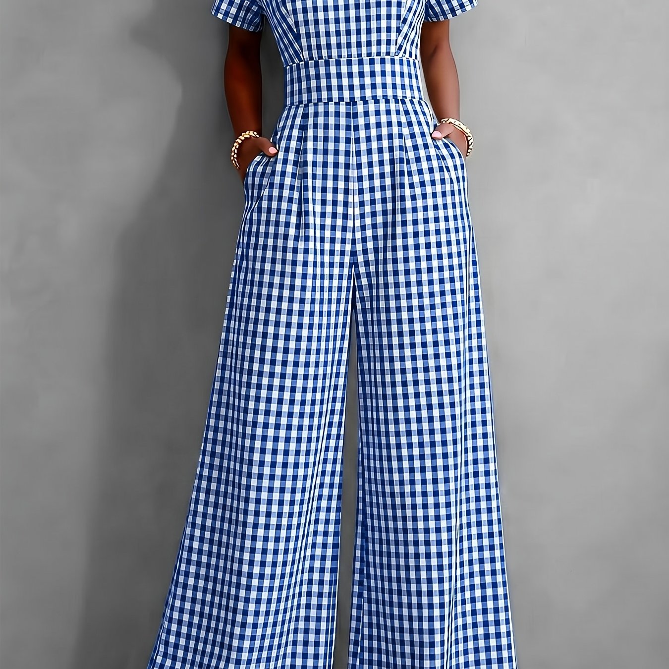 2026 Spring Summer New Plaid V-Neck Short Sleeve Jumpsuit Women'S High-Waist Wide-Leg Straight Long Pants, Women'S Commute Casual Two-Wear Jumpsuit, High-Waist Waist-Cinching Design with Flowing Wide-Leg Trousers