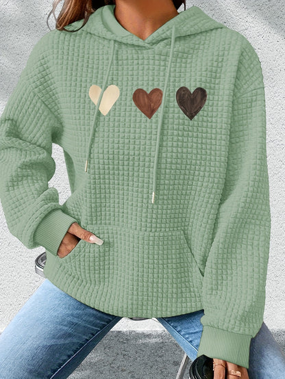 Comfortable Heart Print Waffle Knit Hoodie for Women with Hooded Long Sleeve Kangaroo Pocket Oversized Style
