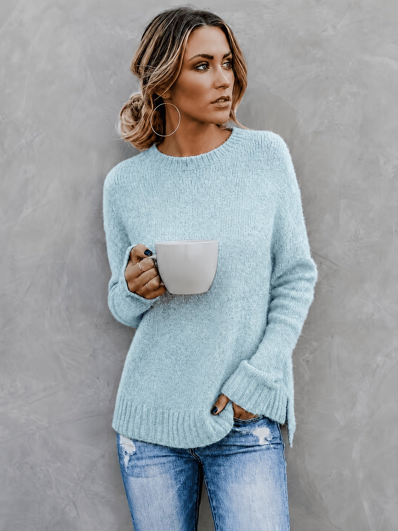 Comfortable Heathered Knit Sweater for Women with Crew Neck Long Sleeve Bell Cuff Oversized Relaxed Style