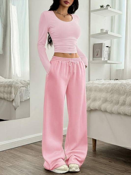Oriented Elegant Ladies' Trousers Drawstring Pocket Design Solid Color Easy Versatile Sweatpants