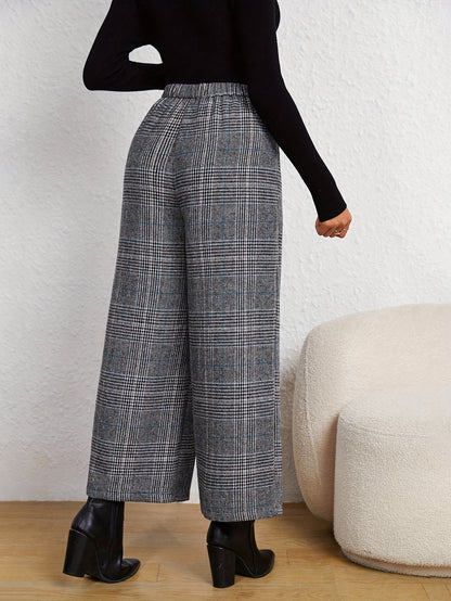 Elegant Grey Plaid Wide Leg Pants for Women with High Waist Button Front Tailored Style