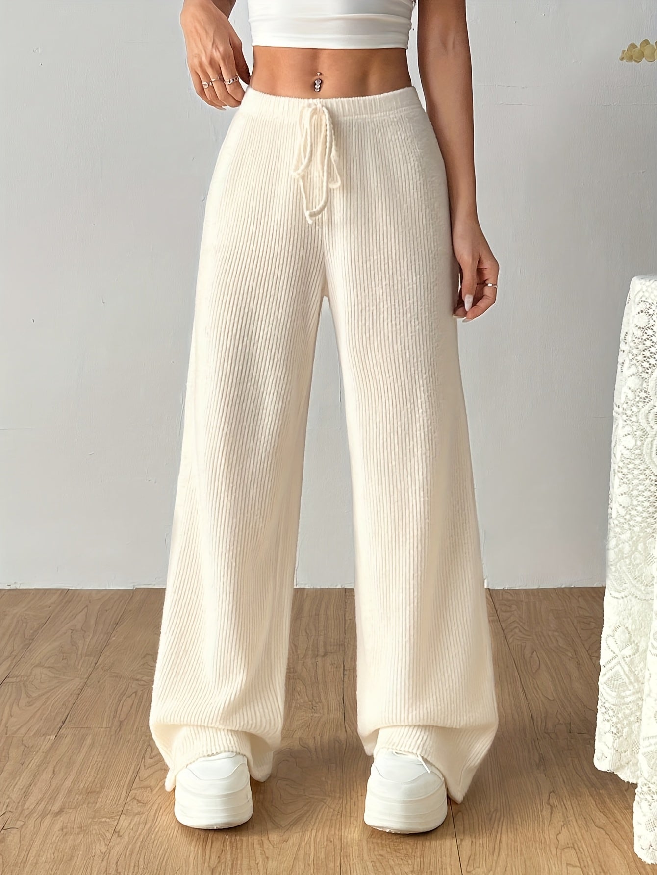 Effortless Corduroy Wide Leg Pants for Women with High Waist Drawstring Relaxed Flowing Casual Style