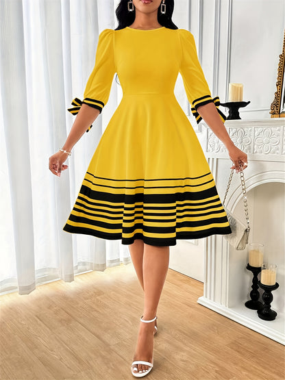 Summer Elegant Orienteering Style Floral Print Round Neck Bubble Short Sleeve Bow Women'S A-Line Dress