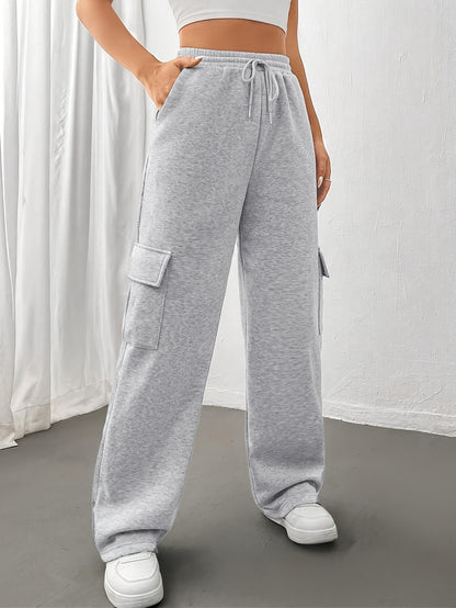 Comfortable Black Cargo Sweatpants for Women with High Waist Drawstring Flap Pocket Wide Leg Relaxed Style