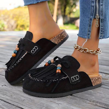Stylish Mules for Women with Fringe Tassel Beaded Suede Slip On Moccasin Style