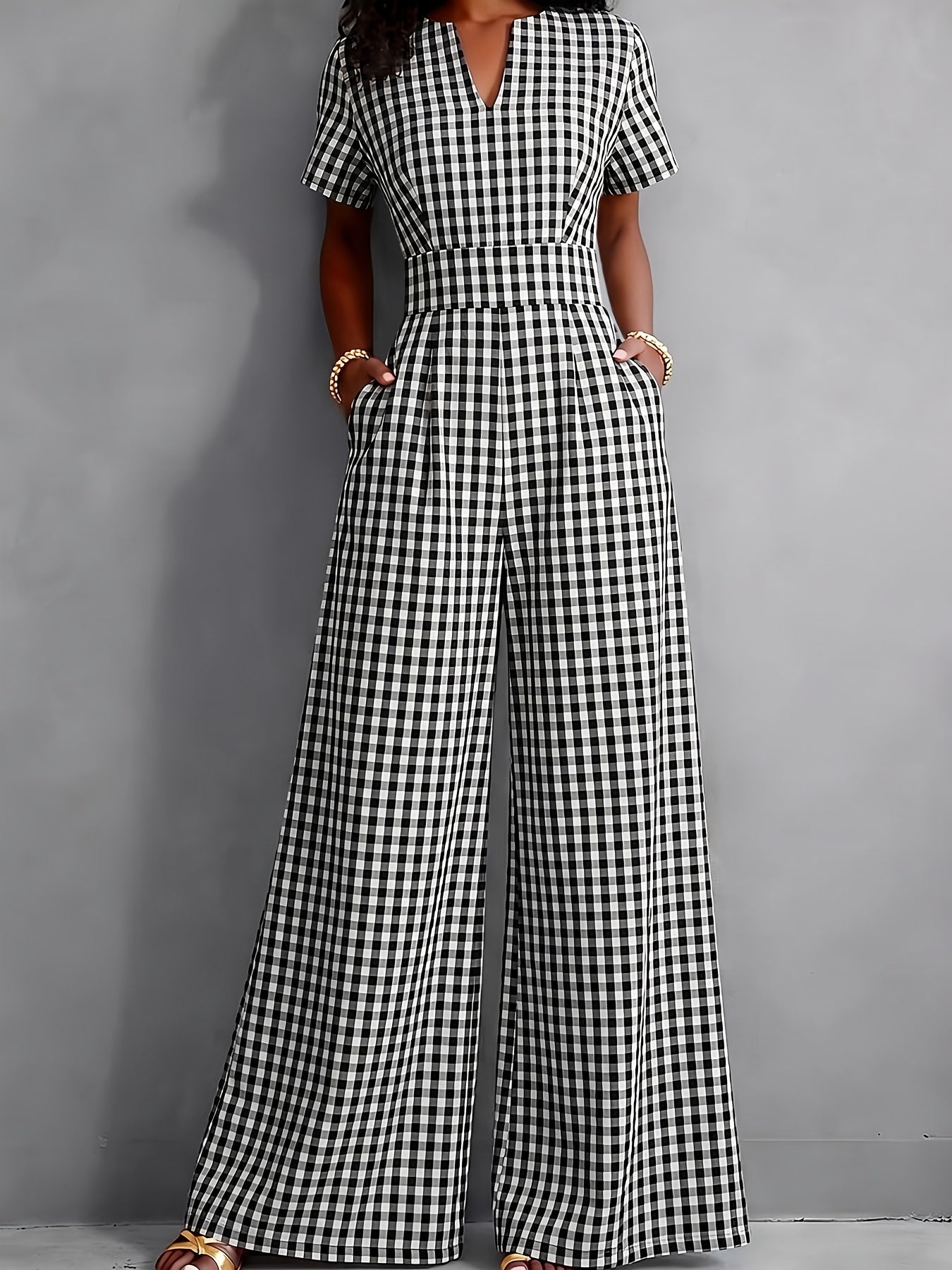 2026 Spring Summer New Plaid V-Neck Short Sleeve Jumpsuit Women'S High-Waist Wide-Leg Straight Long Pants, Women'S Commute Casual Two-Wear Jumpsuit, High-Waist Waist-Cinching Design with Flowing Wide-Leg Trousers