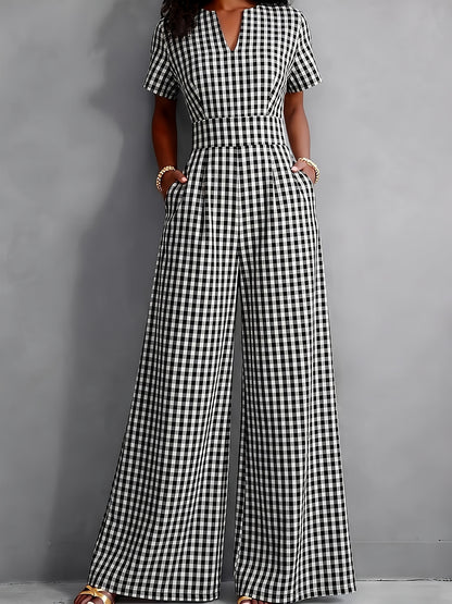 2026 Spring Summer New Plaid V-Neck Short Sleeve Jumpsuit Women'S High-Waist Wide-Leg Straight Long Pants, Women'S Commute Casual Two-Wear Jumpsuit, High-Waist Waist-Cinching Design with Flowing Wide-Leg Trousers