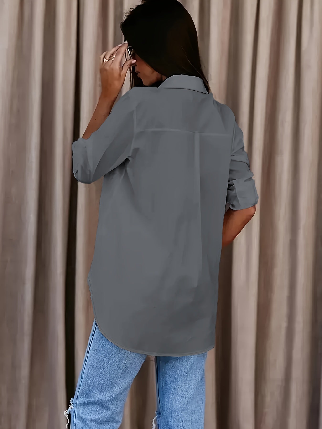 Effortless Blouse for Women with Collar Long Sleeve Roll Tab Oversized Casual Style