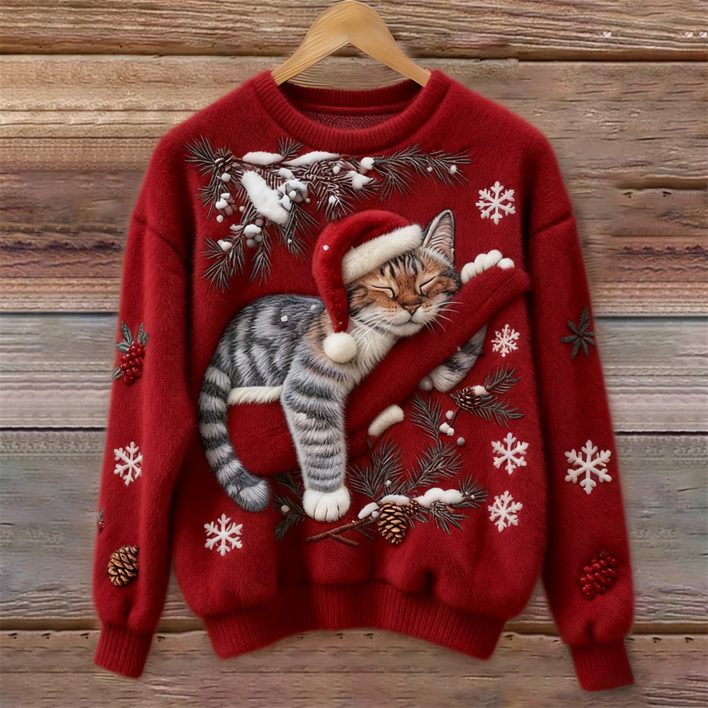 Comfortable Cat Print Sweater for Women with Crew Neck Long Sleeve Embroidered Snowflake Oversized Knit Style