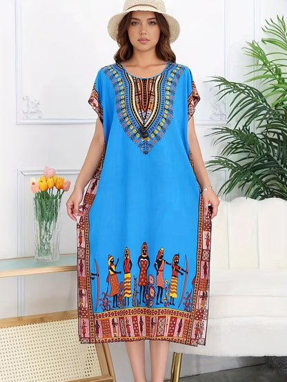 Effortless Tribal Print Kaftan Dress for Women with V Neck Short Sleeve Flowing Bohemian Style