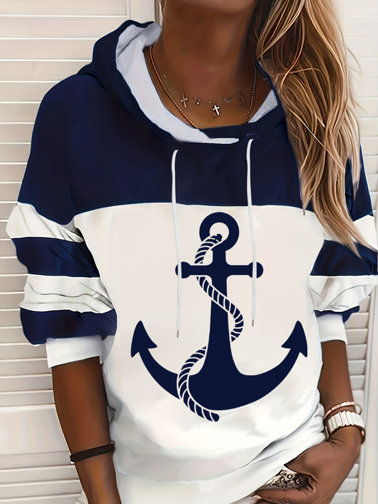 Comfortable Navy White Anchor Print Hoodie for Women with Drawstring Hood Long Sleeve Colorblock Oversized Casual Style