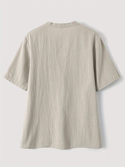 Effortless Textured Blouse for Women with Notch V Neck Short Sleeve Button Front Relaxed Style