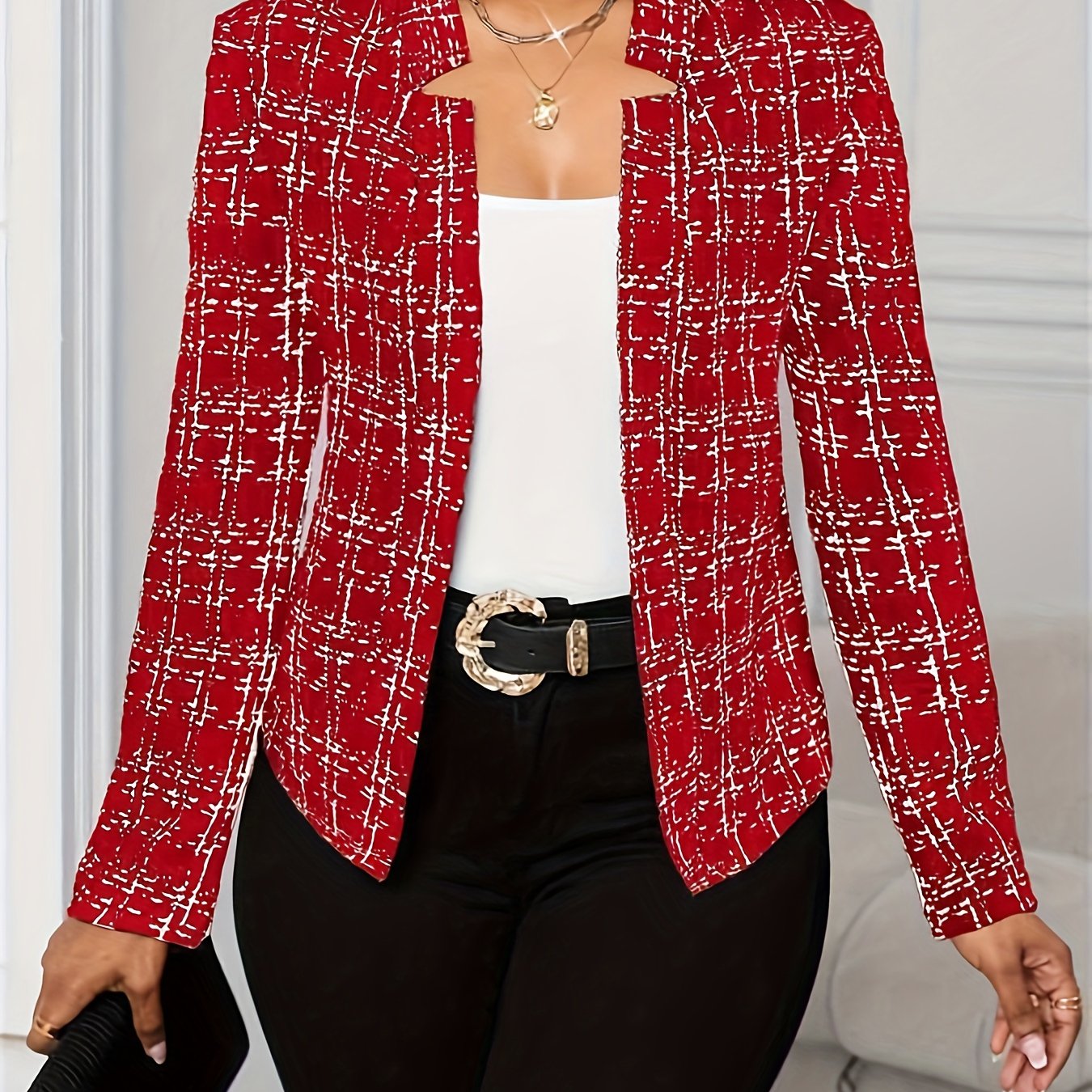 Elegant Tweed Blazer for Women with Lapel Collar Long Sleeve Open Front Fitted Style