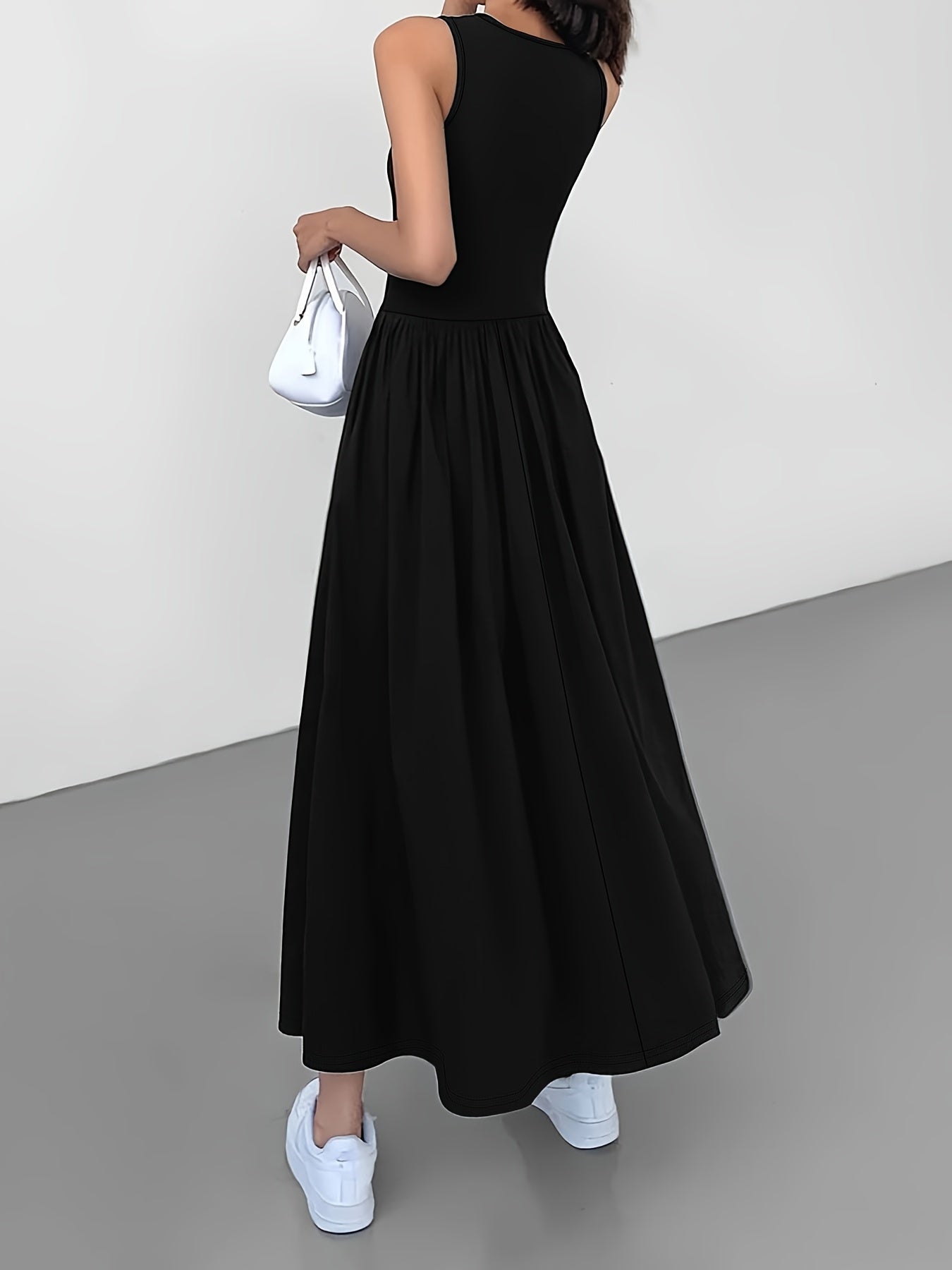 Women's Casual Sleeveless Midi Dress, Round Neck, Solid Color, Pleated A-line Skirt, Suitable for All Seasons