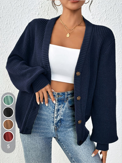 Comfortable Ribbed Knit Cardigan for Women with V Neck Balloon Sleeve Button Front Oversized Style