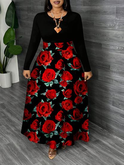 Plus Size, Fashionable Floral Embellished Round Neck Long Sleeve Color-Block Elegant Maxi Dress