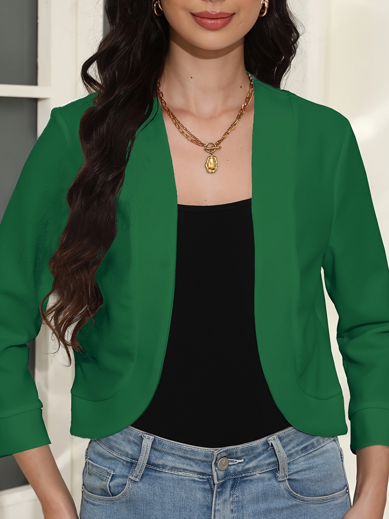 Effortless Open Front Cropped Jacket for Women with Elbow Sleeve Ribbed Cuff Relaxed Layering Style