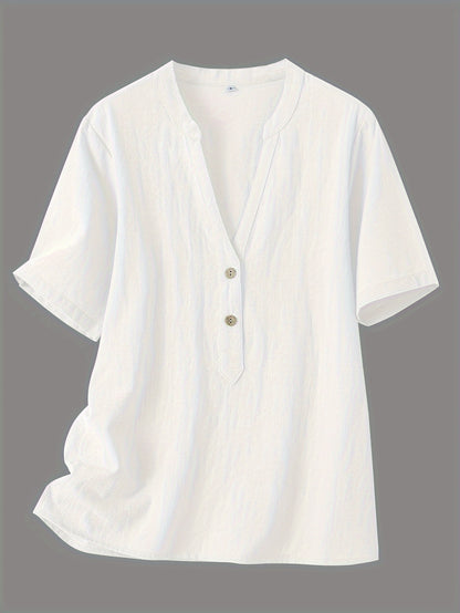 Effortless Textured Blouse for Women with Notch V Neck Short Sleeve Button Front Relaxed Style