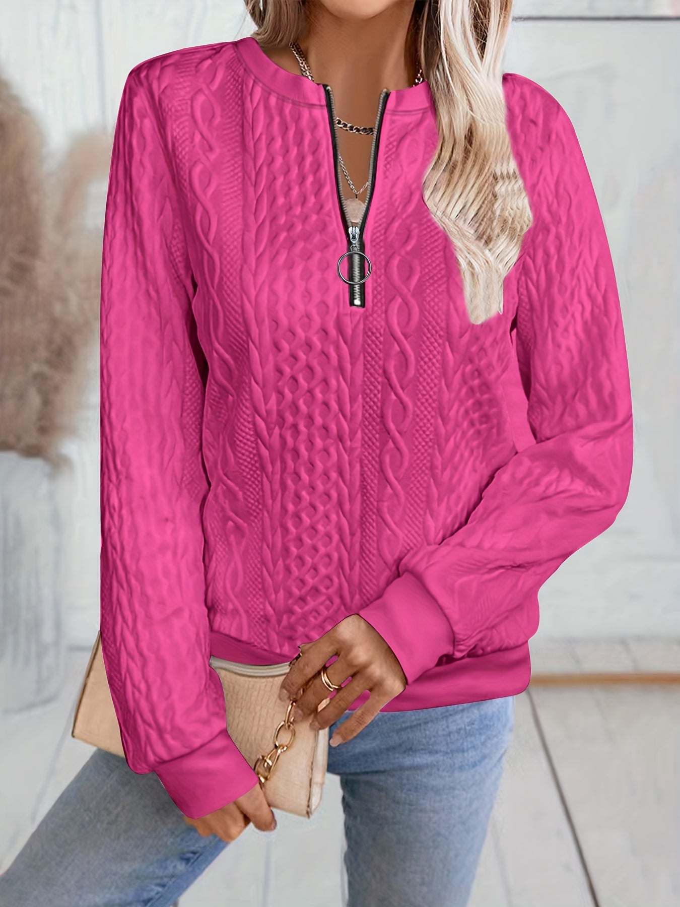 Other Mountain Sq060661 Fashionable Elegant Fall Winter New Solid Texture Fabric Baseball Neck Zip-Up Women'S Long Sleeve Sweatshirt