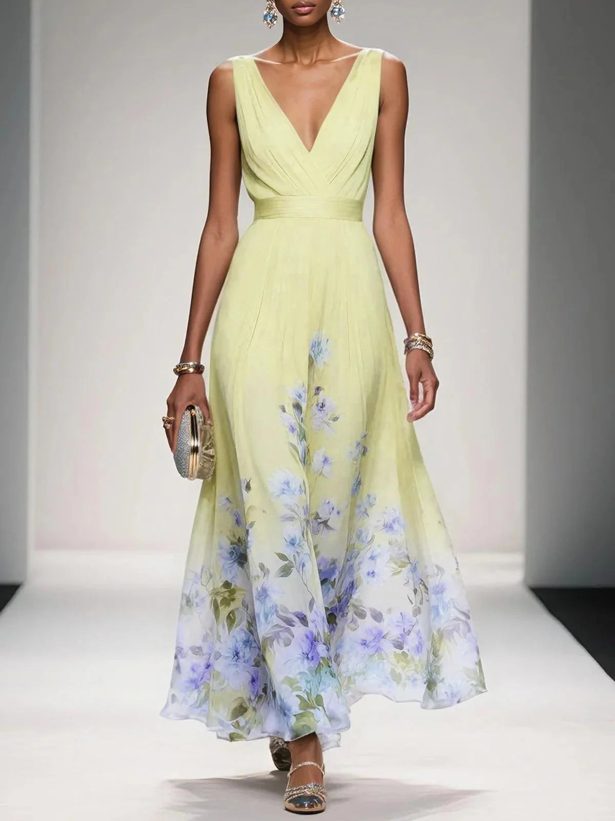 Elegant Floral Maxi Dress for Women with V Neck Sleeveless Wrap Waist Flowing Wedding Guest Style