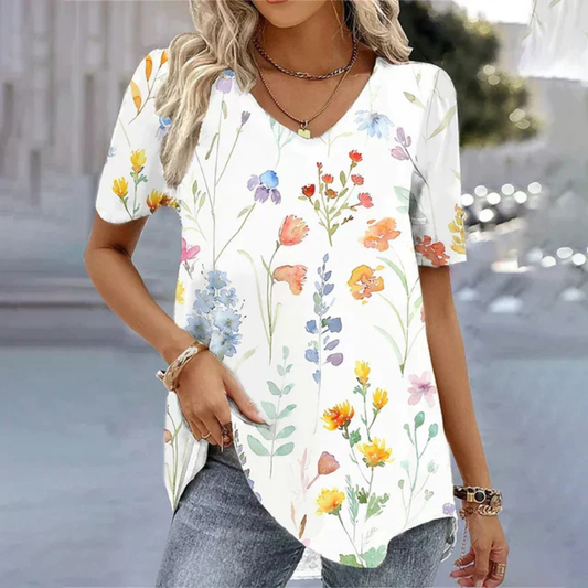 Effortless Floral Tunic Top for Women with V Neck Short Sleeve Curved Hem Flowing Style