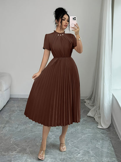 ZLLZ Trendy Summer New Style Women'S Solid Color Teardrop Back Collar Light Luxury Pearl Button Decoration with Waist-Cinching Pleated A-Line Design, Fashionable And, Women'S Fashion Dress Party Elegant Style Dress