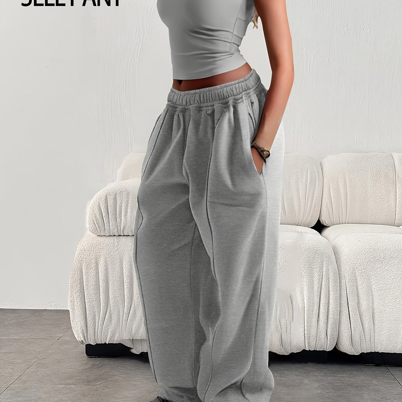 Effortless Wide Leg Sweatpants for Women with High Waist Elastic Pocket Relaxed Baggy Casual Style