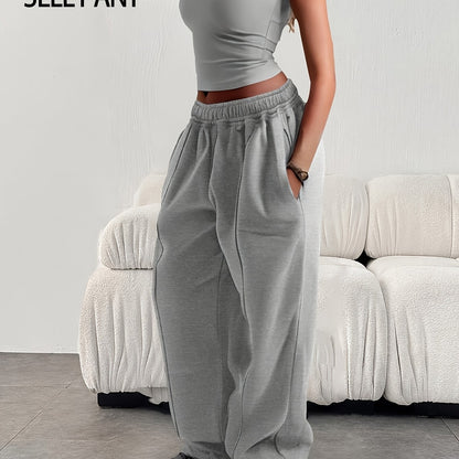 Effortless Wide Leg Sweatpants for Women with High Waist Elastic Pocket Relaxed Baggy Casual Style