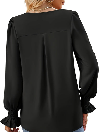 Effortless Blouse for Women with V Neck Balloon Sleeve Smocked Cuff Relaxed Style