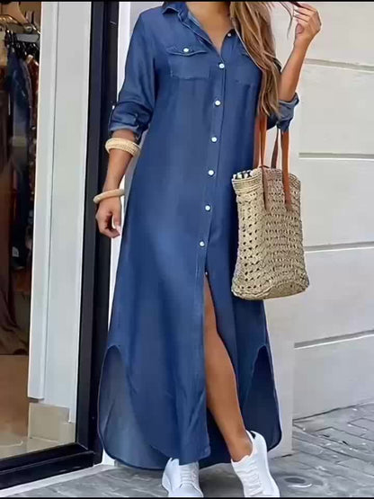 Elegant Blue Denim Maxi Shirt Dress for Women with Collar Long Sleeve High Low Hem Casual Style