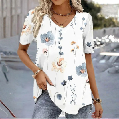 Effortless Floral Tunic Top for Women with V Neck Short Sleeve Curved Hem Flowing Style
