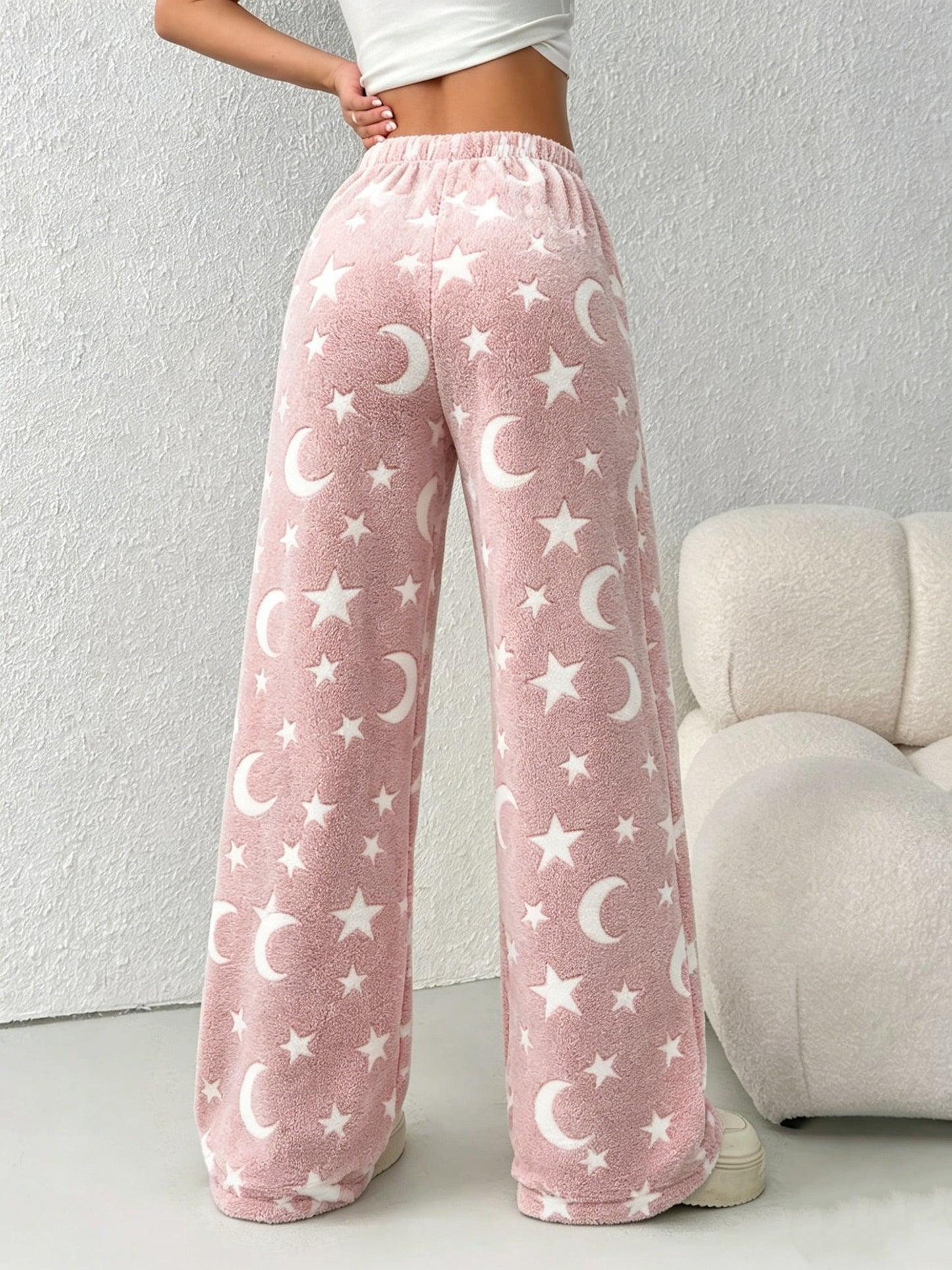 Women'S Autumn Winter Fleece Thickened Star Pattern Belt Drawstring Wide-Leg Long Pants Suitable for Outdoor Indoor Casual Plush Trousers Pants