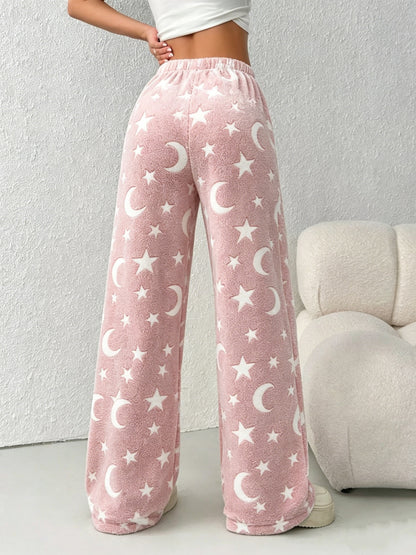 Women'S Autumn Winter Fleece Thickened Star Pattern Belt Drawstring Wide-Leg Long Pants Suitable for Outdoor Indoor Casual Plush Trousers Pants