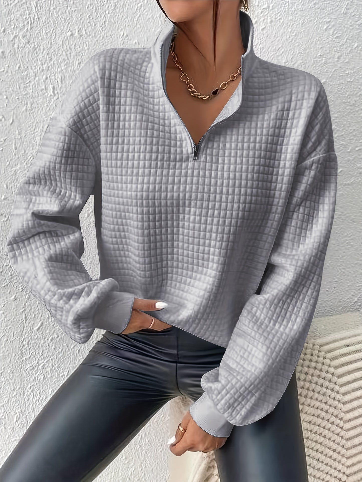 Comfortable and Loose Waffle Solid Standing Neck Zipper Long Sleeve Panel Women's Sweater