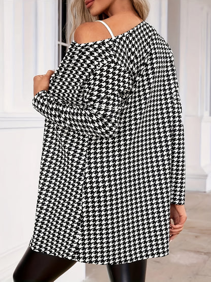 Elegant Houndstooth Cardigan for Women with Open Front Long Sleeve Longline Knit Style