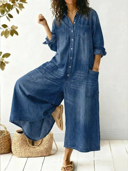 Effortless Denim Jumpsuit for Women with Collar Long Sleeve Button Front Wide Leg Style