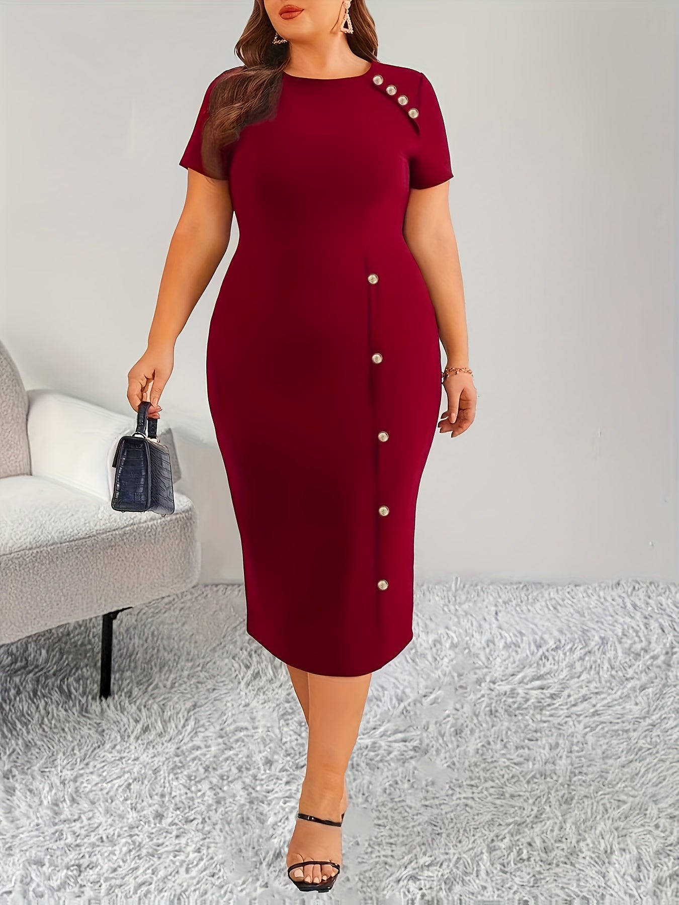 Plus Size - Plus Size - New Spring And Summer Solid Color Round Neck Buttoned Fitted Short Sleeve Stretchy Split Bodycon Dress