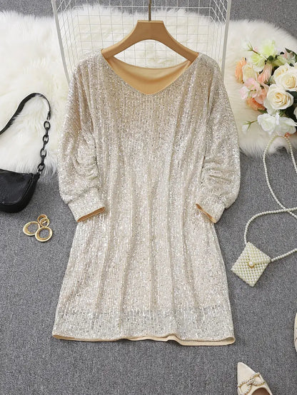 Elegant Sequin Mini Dress for Women with Off Shoulder Batwing Sleeve Bodycon Sparkle Formal Party Style