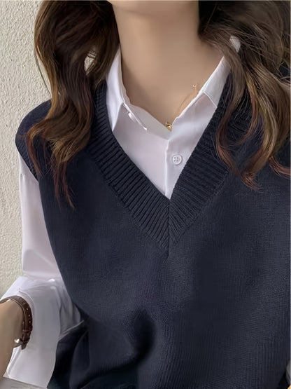 Comfortable Dark Blue Sweater Vest for Women with V Neck Sleeveless Relaxed Oversized Knit Style