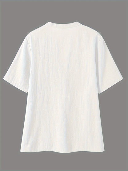 Effortless Textured Blouse for Women with Notch V Neck Short Sleeve Button Front Relaxed Style