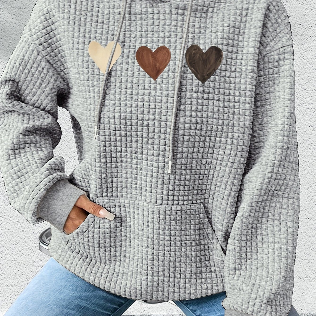 Comfortable Heart Print Waffle Knit Hoodie for Women with Hooded Long Sleeve Kangaroo Pocket Oversized Style