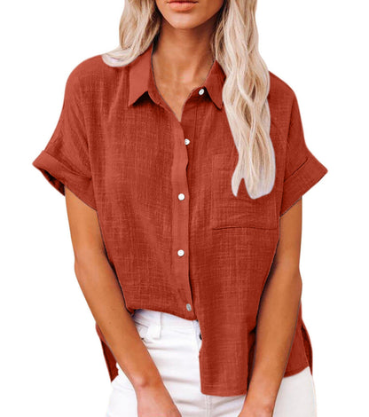 Effortless Linen Blouse for Women with Collar Short Sleeve Button Front High Low Style
